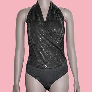 Black Halter Sequin Bodysuit Women’s Sparkly Party Top Stylish Stretchy Clubwear